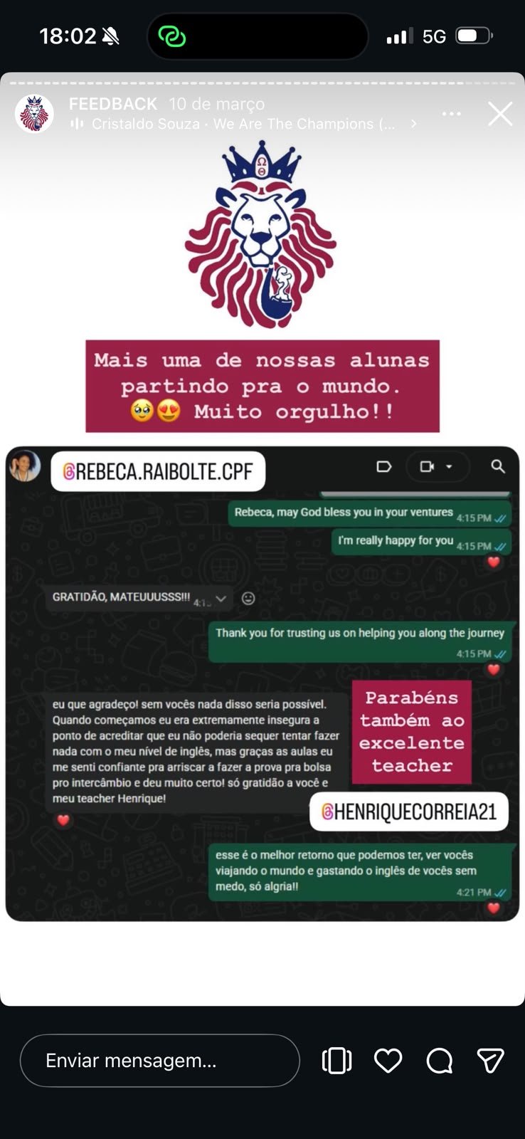 Depoimento de @rebeca.raibolte.cpf, aluno da Omega English